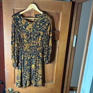 Floral Smocked-Waist Long Sleeve Dress - Black & Mustard